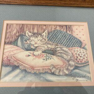 Watercolor Painting Of Cat Kitten Sleeping On Pillows Signed JT Poland